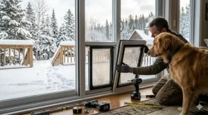 Homeowner measuring a sliding glass door track for a custom-fit insulated dog door.