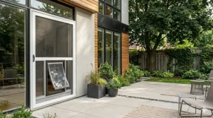A contemporary Canadian home exterior showing a stylishly integrated dog door for screen door.
