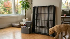 Modular dog playpen panels configured for a Canadian living space.
