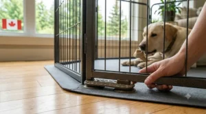 Non-slip base design of a heavy-duty dog playpen protecting indoor flooring.