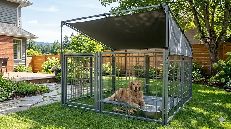 A high-detail, photorealistic image of an outdoor dog pen with shade cover set up in a lush, sunny Canadian backyard, featuring a Golden Retriever resting comfortably inside.
