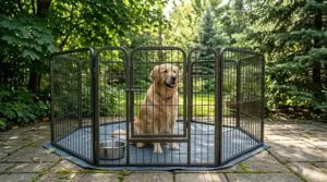 Durable heavy-duty dog playpen for large breeds set up in a backyard setting.