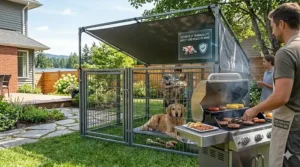 A family preparing a backyard barbecue while a dog relaxes safely inside an outdoor dog pen with shade cover, featuring bilingual signage for peace of mind.