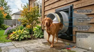 A happy dog passing through a sturdy wall-mounted dog door with a secure tunnel.