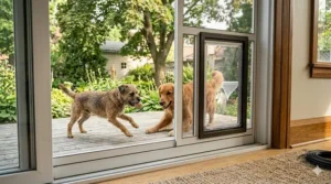 Two dogs playing near a backyard patio entrance featuring a sturdy dog door for screen door.