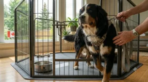 Portable heavy-duty dog playpen for large breeds being assembled for travel.