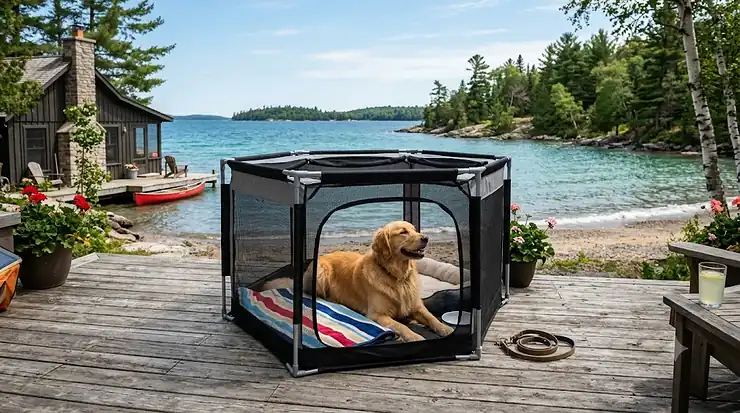 Portable dog pen for beach cottage on a sunny lakeside dock.