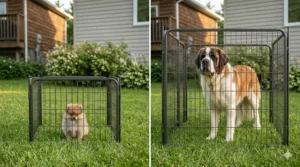 A close-up view of a heavy-duty tension spring and anchor system secured to the corner of the outdoor dog playpen.
