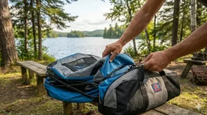 A person packing a portable dog playpen for travel into its carrying case at a campsite.
