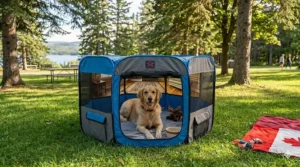 A portable dog playpen for travel set up on the green grass of a park with a Canadian flag nearby.