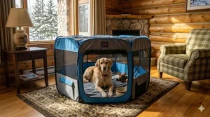A Golden Retriever resting inside a portable dog playpen for travel set up in a cozy rustic living room.
