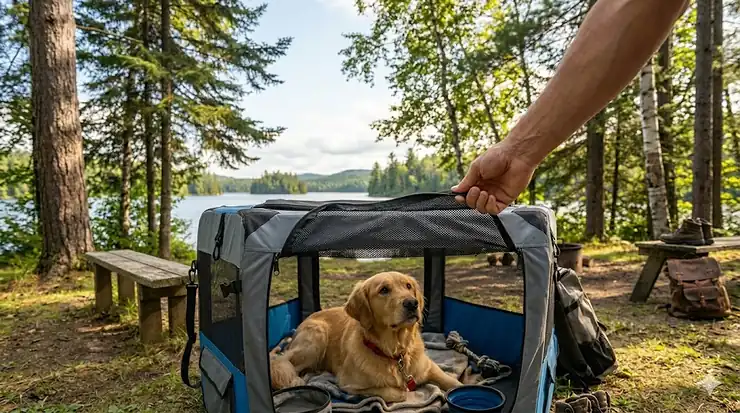 Close-up of a hand interacting with the secure locking mesh door on a portable dog playpen for travel.