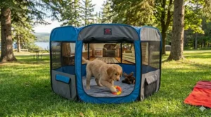 A puppy playing with a chew toy inside a portable dog playpen for travel at a park.