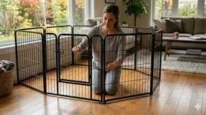 Multiple sizes of dog playpens designed for indoor hardwood use.