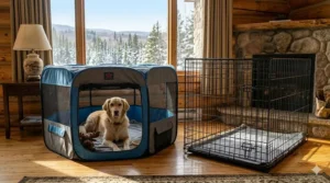 Comparison of a portable dog playpen for travel beside a traditional metal dog crate in a home setting.