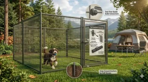 Portable escape proof outdoor dog pen for camping trips.