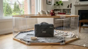 A portable indoor dog playpen for puppies set up in a living room.