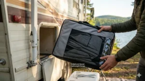 Compact, folded lightweight dog playpen for easy RV storage.