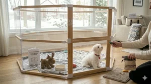 A puppy training session inside a spacious indoor dog playpen.