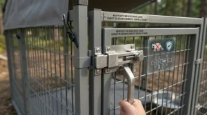 A high-detail close-up of a secure, heavy-duty wildlife-proof latch on an outdoor dog pen with shade cover, featuring bilingual English and French safety instructional icons.