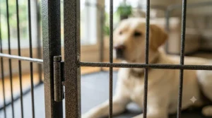 Close-up of rust-resistant metal finish on a heavy-duty dog playpen for large breeds.