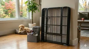 Smooth, scratch-proof base of a dog playpen on hardwood flooring.