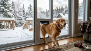 Heavy-duty locking panel for an insulated sliding glass pet door providing winter security.