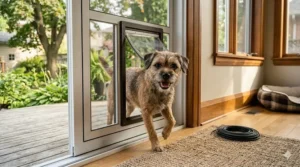 Small terrier passing through a custom-fit dog door for screen door during a sunny day.
