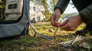 Ground stakes securing the playpen at an RV site.