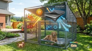 A photorealistic illustration showing an outdoor dog pen with shade cover that features advanced thermal and UV-resistant layering to protect pets from heat, with bilingual technical labels.