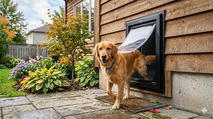 A high-quality wall dog door with tunnel installed in an insulated Canadian home exterior. wall dog door with tunnel for thick walls
