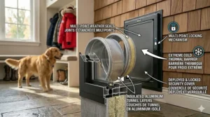 A wall dog door featuring a locking security cover for added home safety and cold-weather protection.