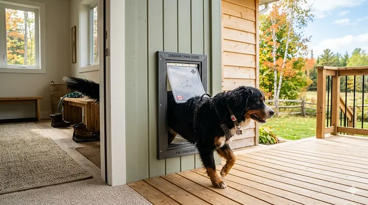 Large dog passing through a wall-mounted dog door in a Canadian home. wall mounted dog door for large dogs