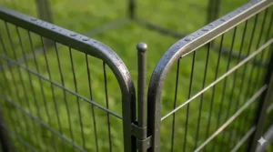 A high-detail, photorealistic close-up of the weather-resistant dark metal mesh of the dog playpen, showing moisture and rugged texture.