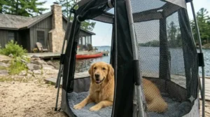 Weather-resistant portable dog pen for Canadian summers.