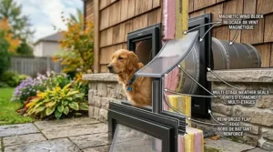 Close-up of the weather-stripping and seals on a wall dog door designed for Canadian winters.