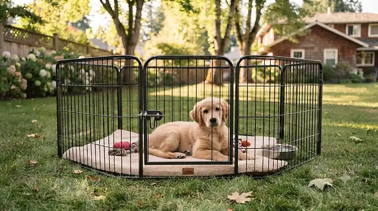 Golden retriever puppy resting in a portable, spacious best dog playpen on a suburban Canadian lawn.
