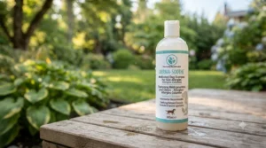 Bottle of veterinarian-recommended medicated dog shampoo for skin allergies against a clean, modern backdrop suited for Canadian pet owners.