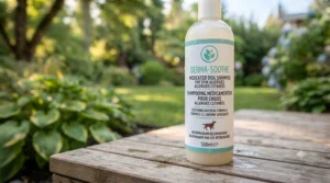 Close-up of bilingual English and French product labeling on a premium medicated dog shampoo for skin allergies sold across Canada.