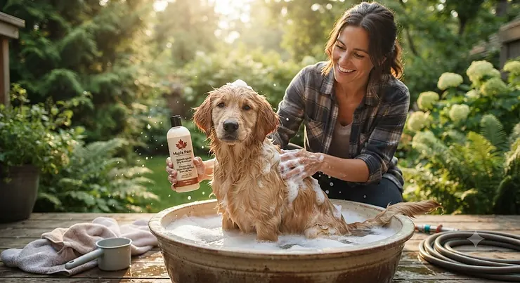 A happy Golden Retriever being washed with a gentle, hypoallergenic dog shampoo in a modern Canadian home, safe for sensitive skin.