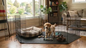 A multi-functional setup showing a crate connected to a dog playpen.