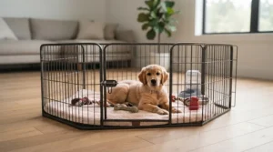 Versatile, modular best dog playpen configured into a rectangular shape for optimal space management.