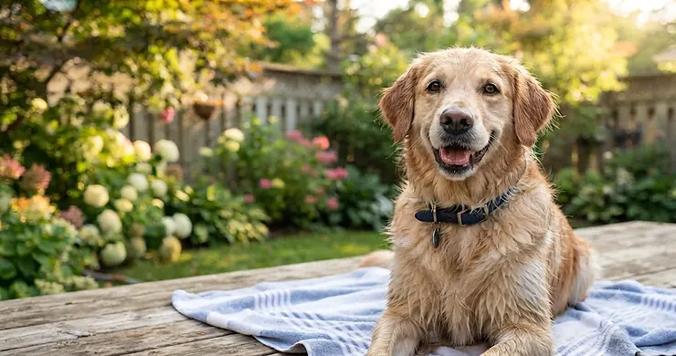 Happy dog enjoying a fresh coat after a bath using the best deodorizing dog shampoo for smelly dogs, formulated for pets across Canada.