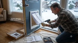 Infographic outlining DIY installation steps for fitting an energy efficient dog door Canada winter weatherproofing system.