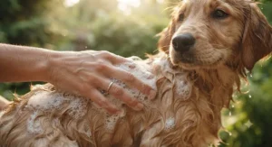 Close-up of a gentle lather being massaged into a puppy's coat using a natural hypoallergenic dog shampoo.