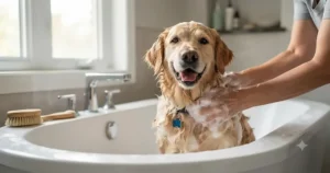 Step-by-step bath time routine applying a gentle deodorizing dog shampoo for smelly dogs.