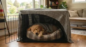 A dog resting comfortably inside a crate covered with a light blanket.
