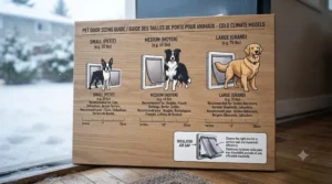 Sizing guide chart for choosing the right energy efficient dog door Canada winter model for small to large dog breeds.