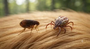 Vector illustration showing common fleas and deer ticks found in Canadian forests, helping dog owners spot early signs of infestation.