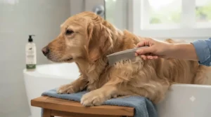 Using a fine-toothed flea comb on a dry coat following a wash with premium flea and tick shampoo for dogs.